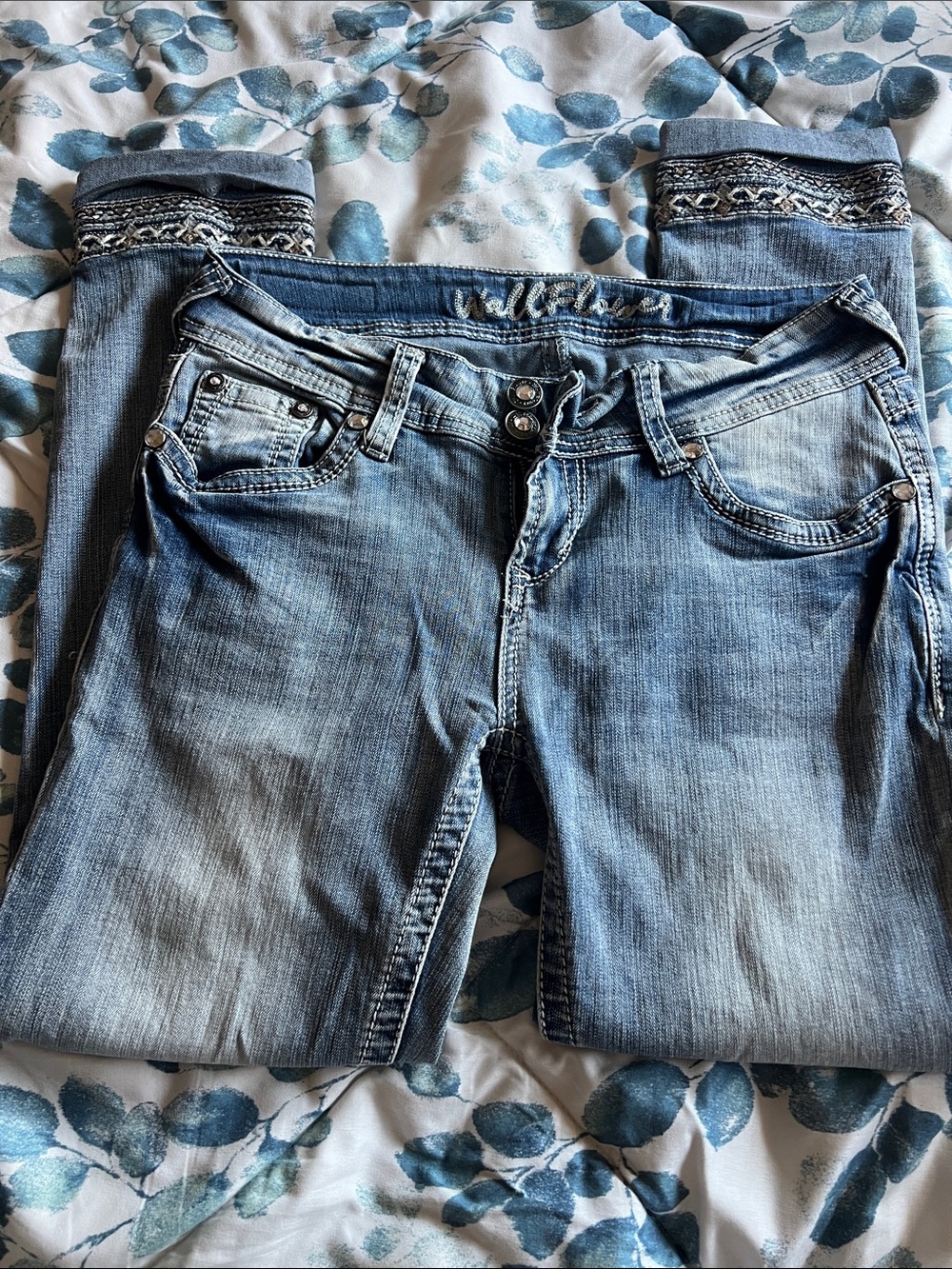 Women’s Light Blue Washed Midi Jeans - Embroidered Cuff & Jeweled Back Pockets